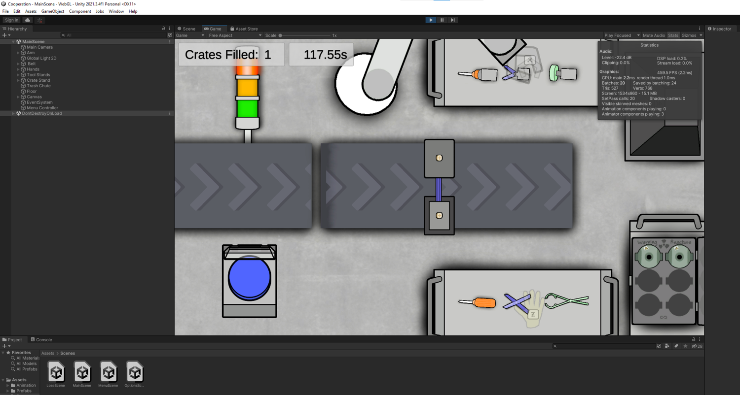 Cooperative factory game with conveyor and machine systems