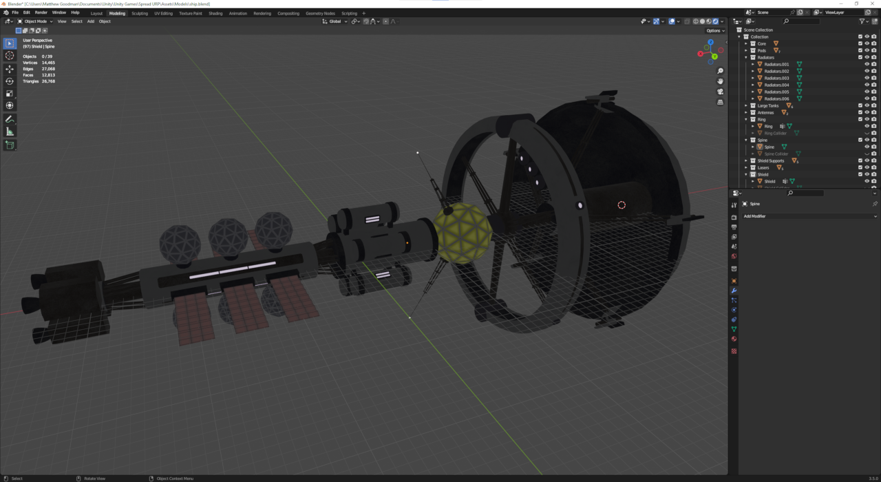 Spaceship model with materials and emission lighting in Blender