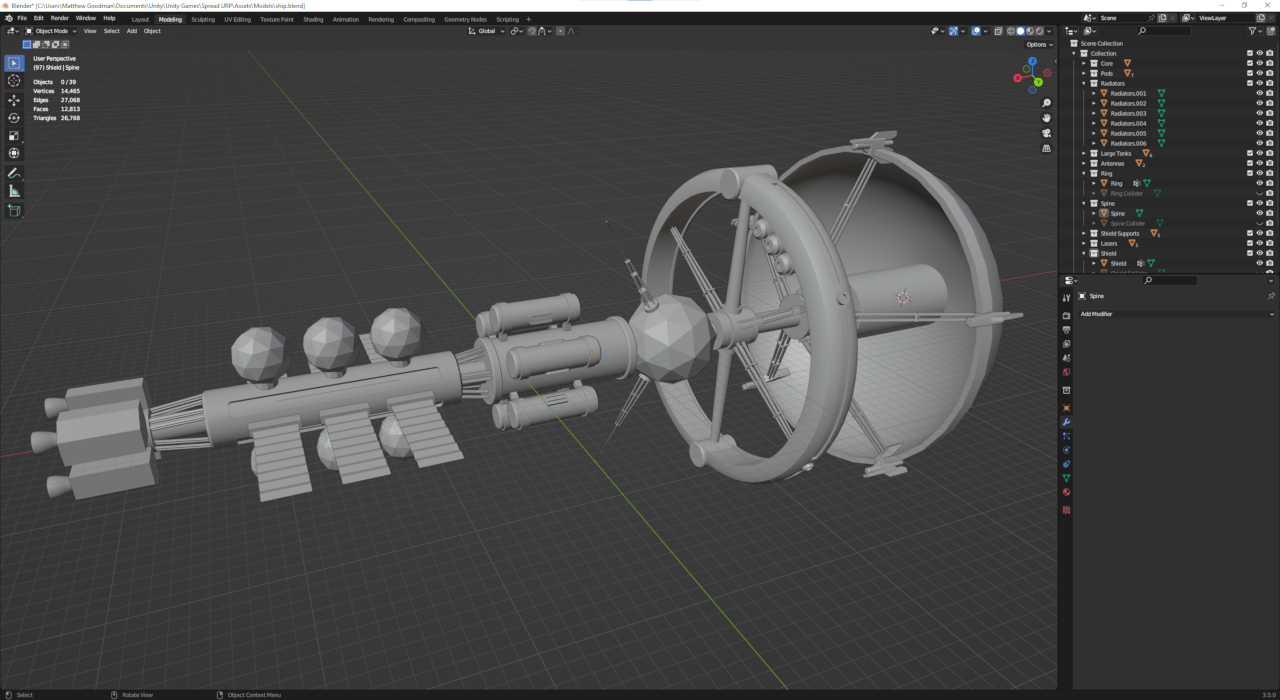 Unshaded spaceship geometry in Blender