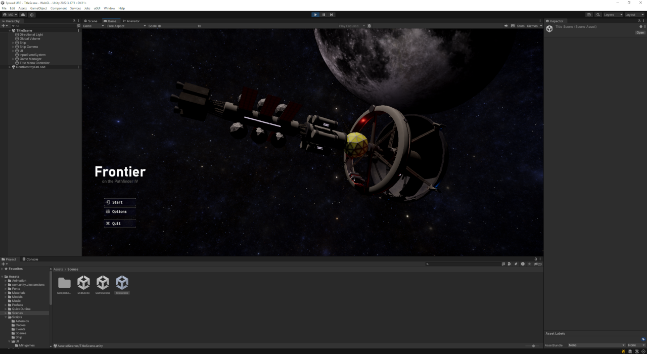 Frontier title screen running in the Unity editor