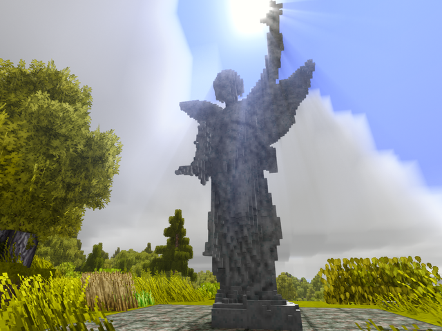 A carved voxel angel statue lit by the sun.