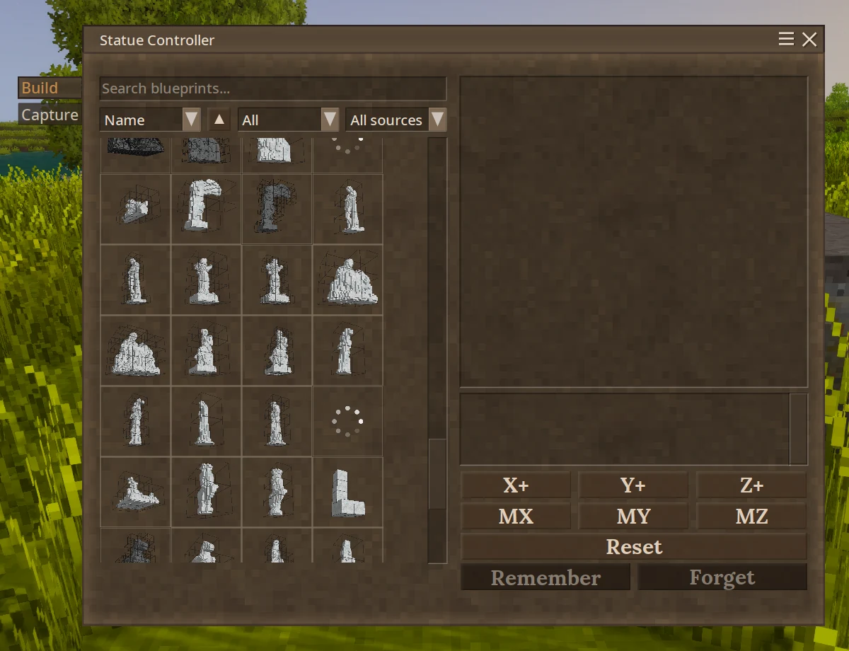 Statue Controller Build tab with search, filters, and a grid of blueprint previews