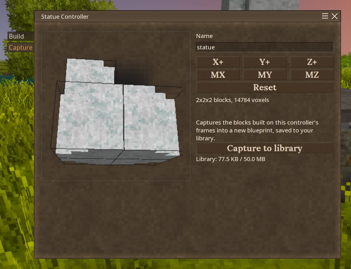 Statue Controller Capture tab previewing a marble build before saving it as a blueprint
