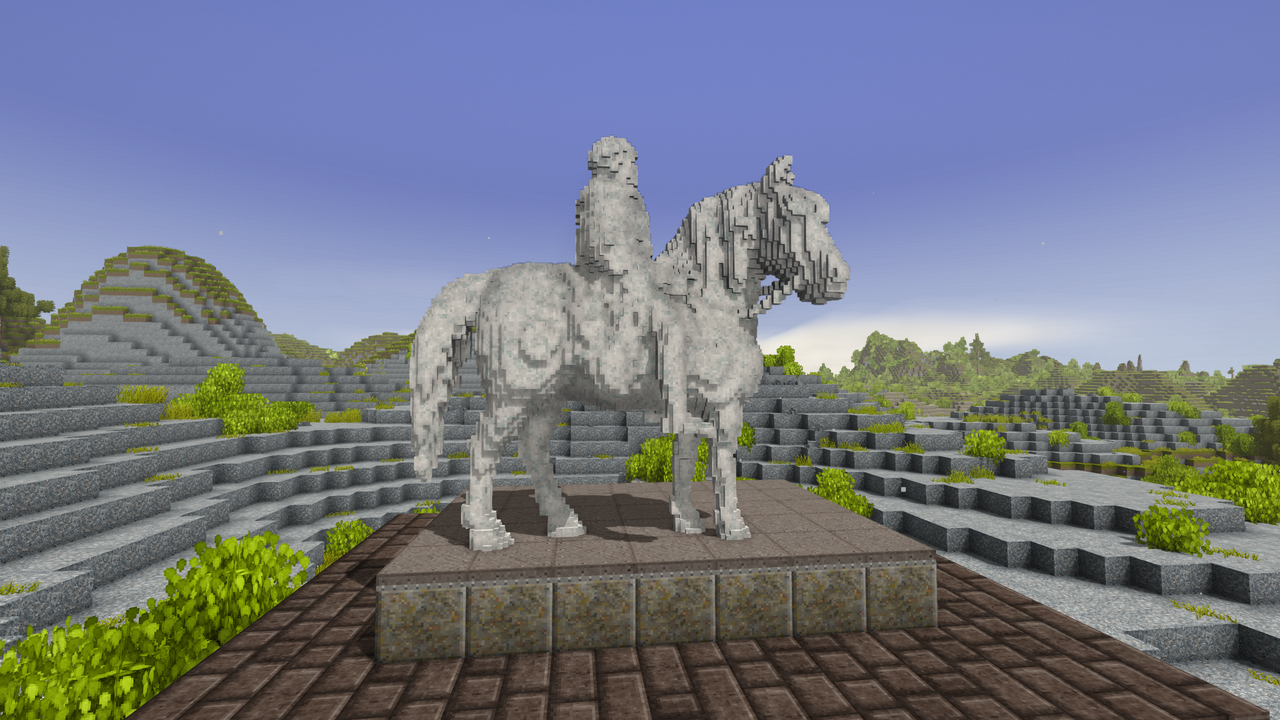 Voxelised medieval equestrian monument in Vintage Story