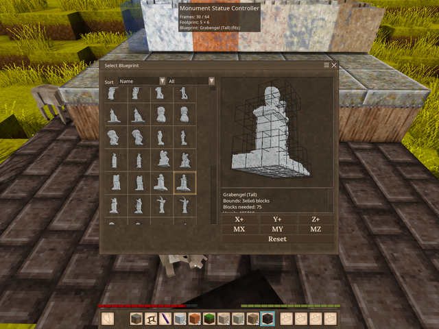 In-game blueprint picker populated with sculpture thumbnails