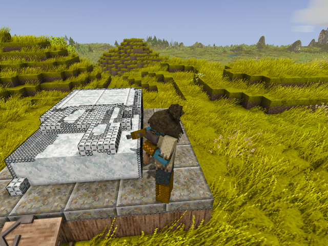 Partially carved voxel statue with chalk guides around the remaining blocks