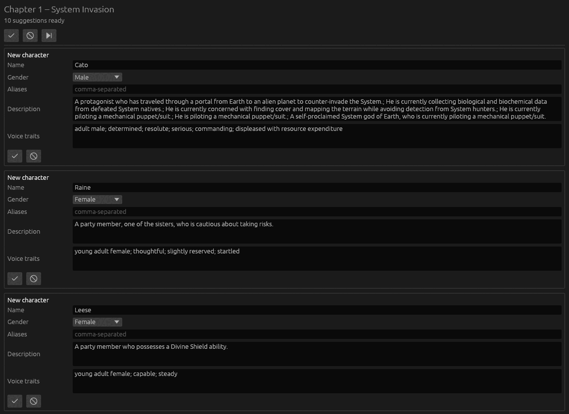 Character review interface for confirming names and voice descriptions
