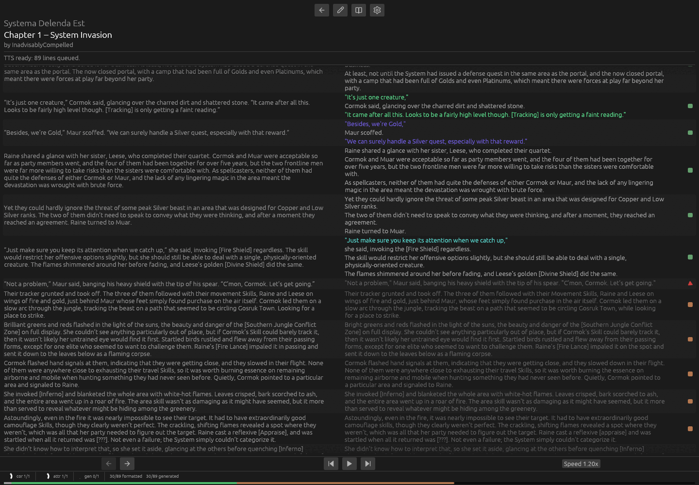 Context-aware TTS processing a chapter in its split-pane reading view