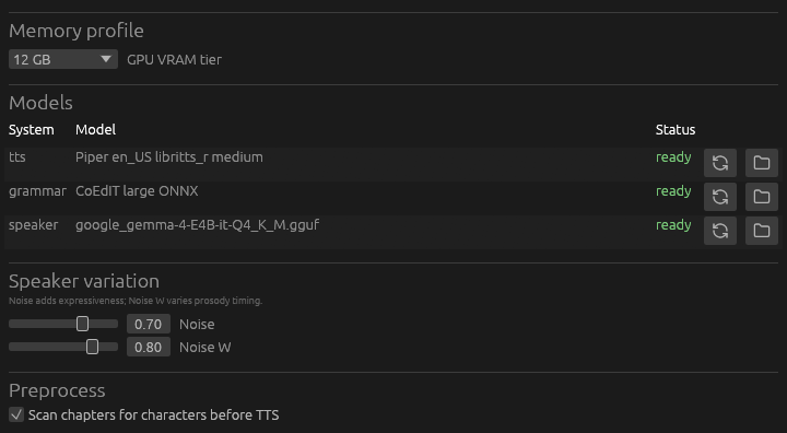 Model settings showing local grammar and speaker-attribution models loaded in memory