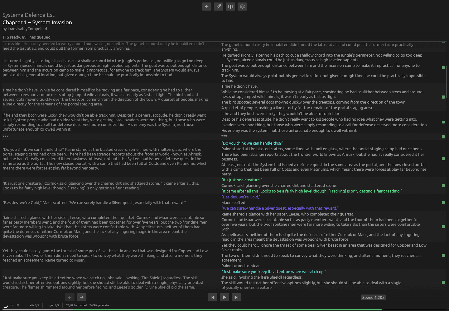 Dialogue lines annotated with attributed speakers and processing status
