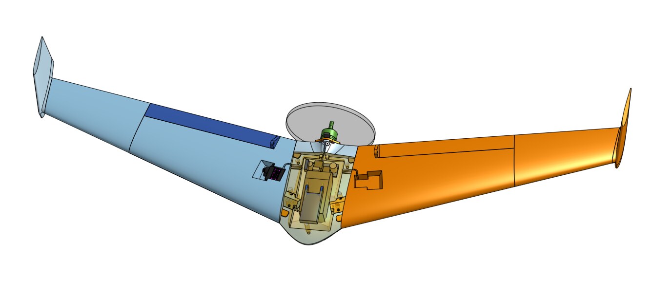 Cutaway CAD rendering of the swept flying wing