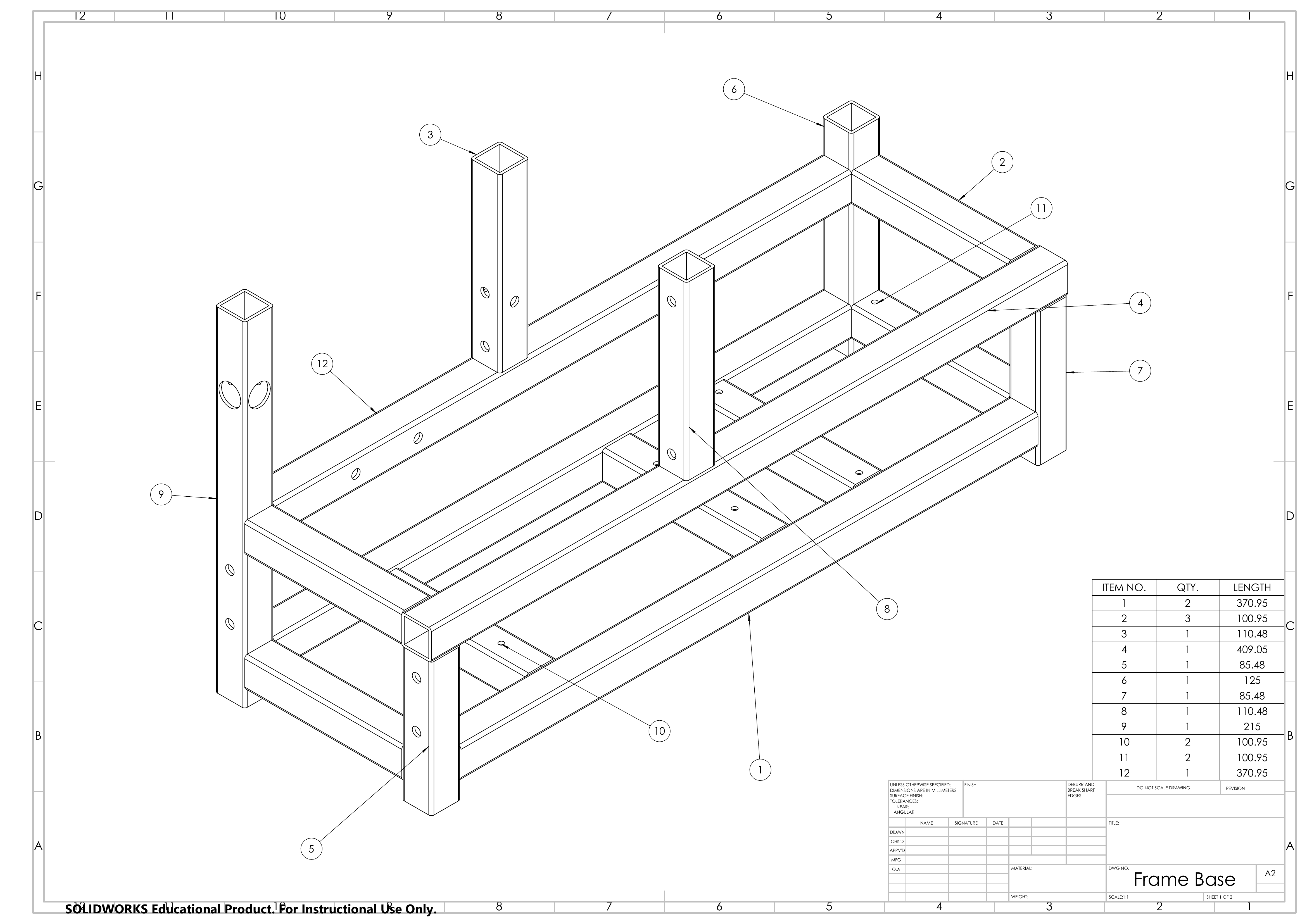 Isometric mechanical drawing of the winding machine frame