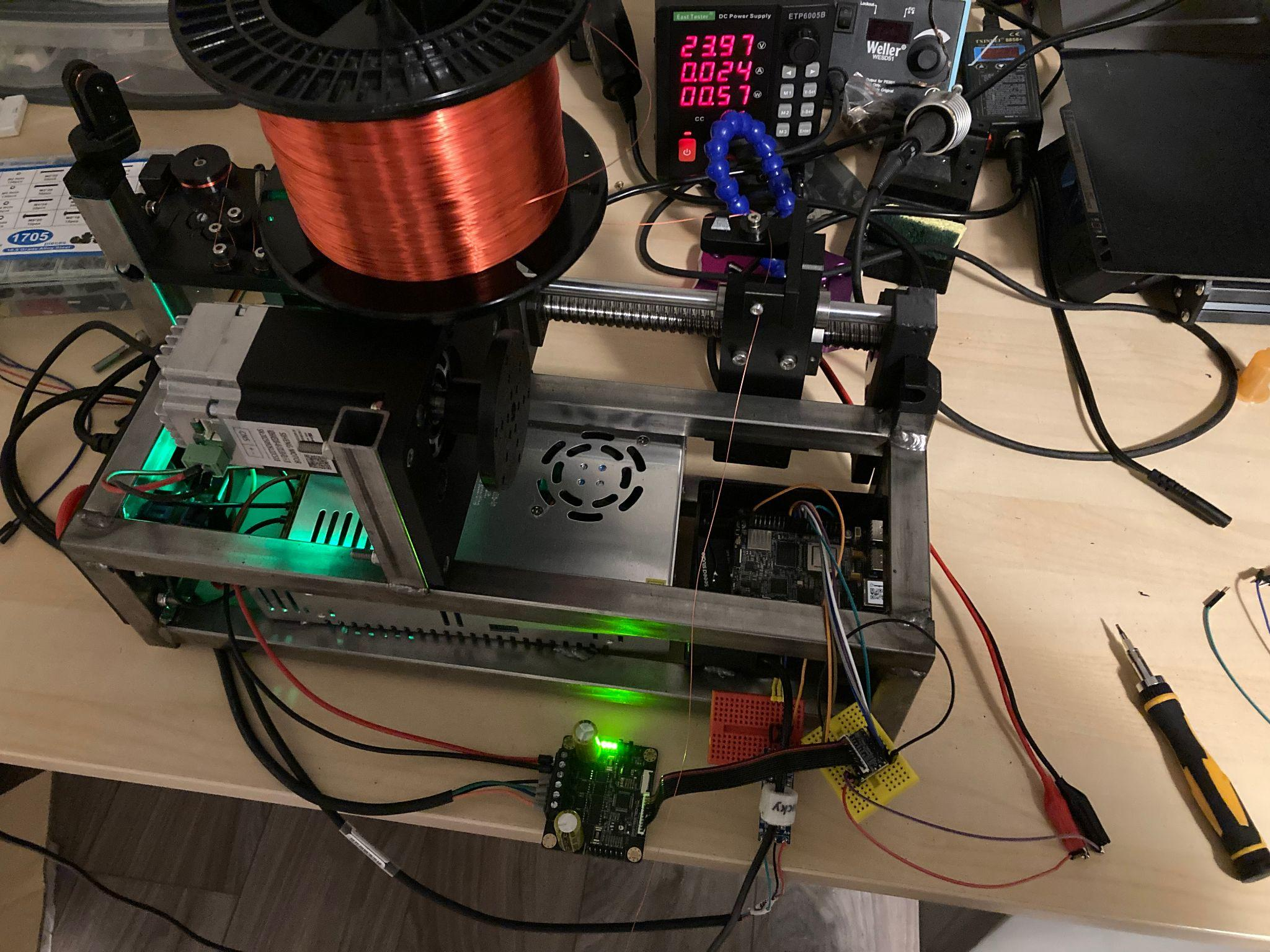 The assembled solenoid winding machine.