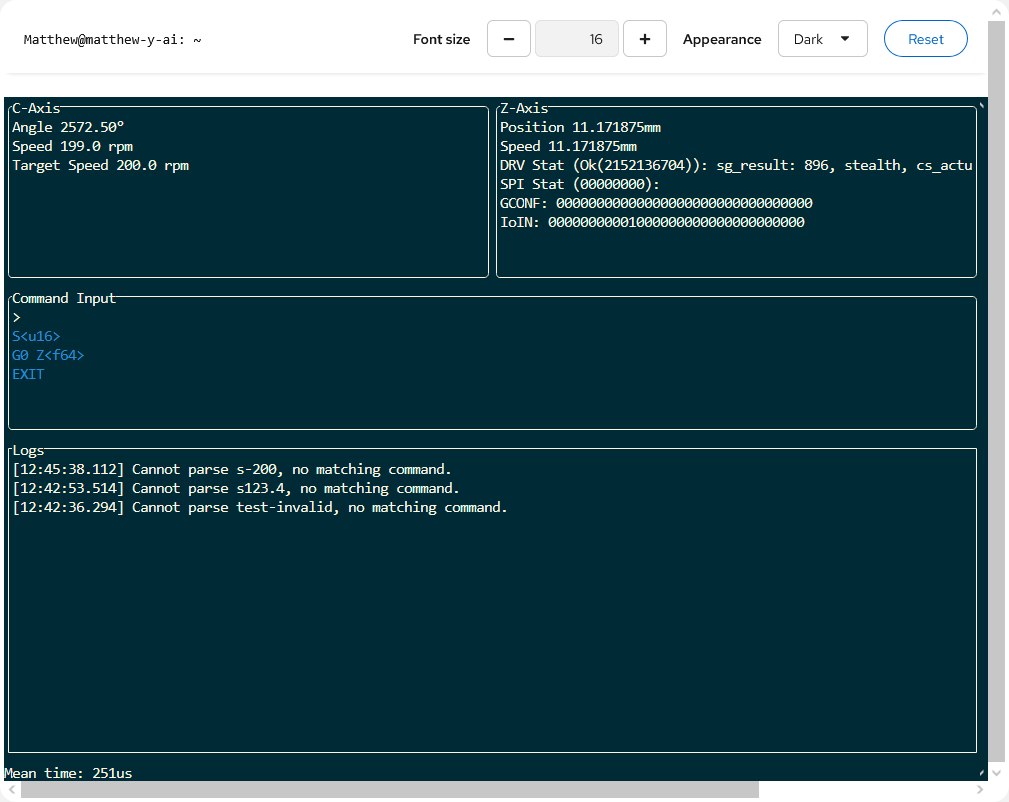 Terminal interface showing live motor position and speed