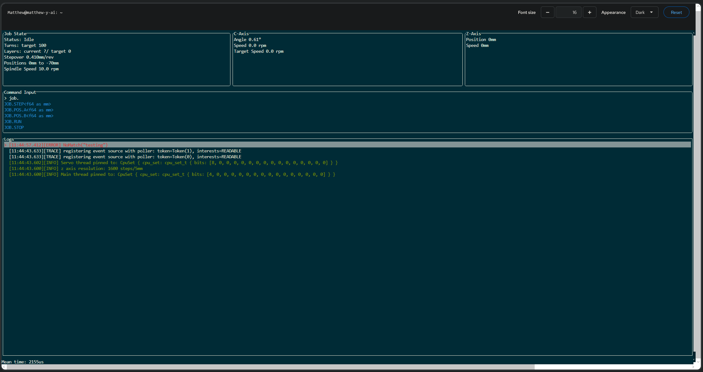Final winding-machine terminal interface with motor state, commands, and logs